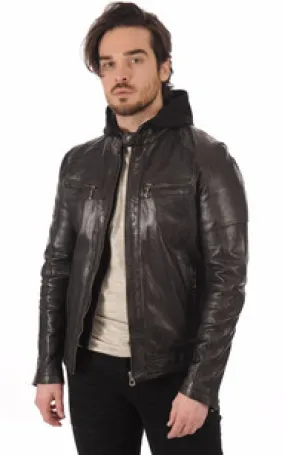 Blouson Bishop Cuir Avec Capuche Daytona 73 - La Canadienne - Blousons Cuir Black