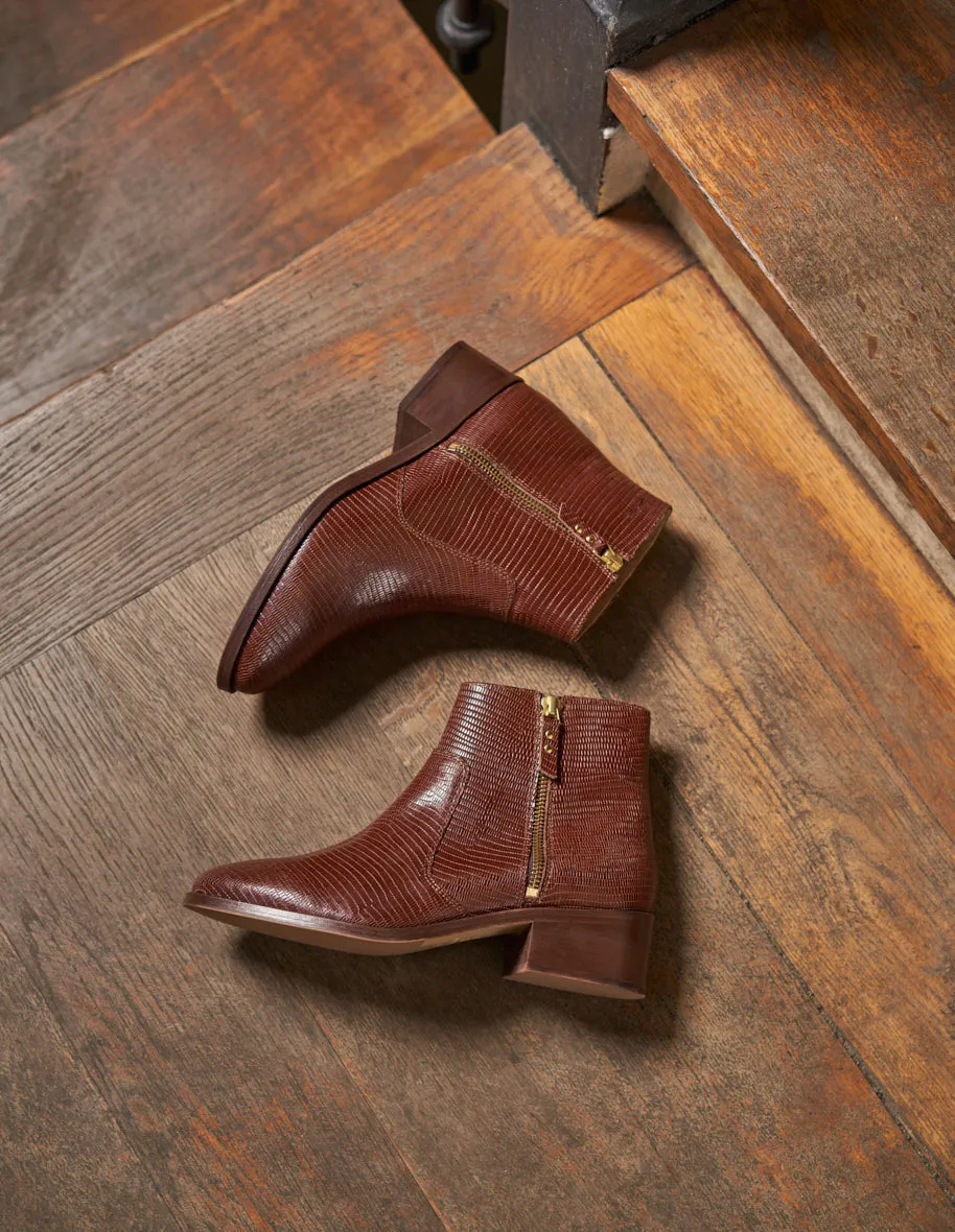 Bottines plates Coline - Cuir lézard marron