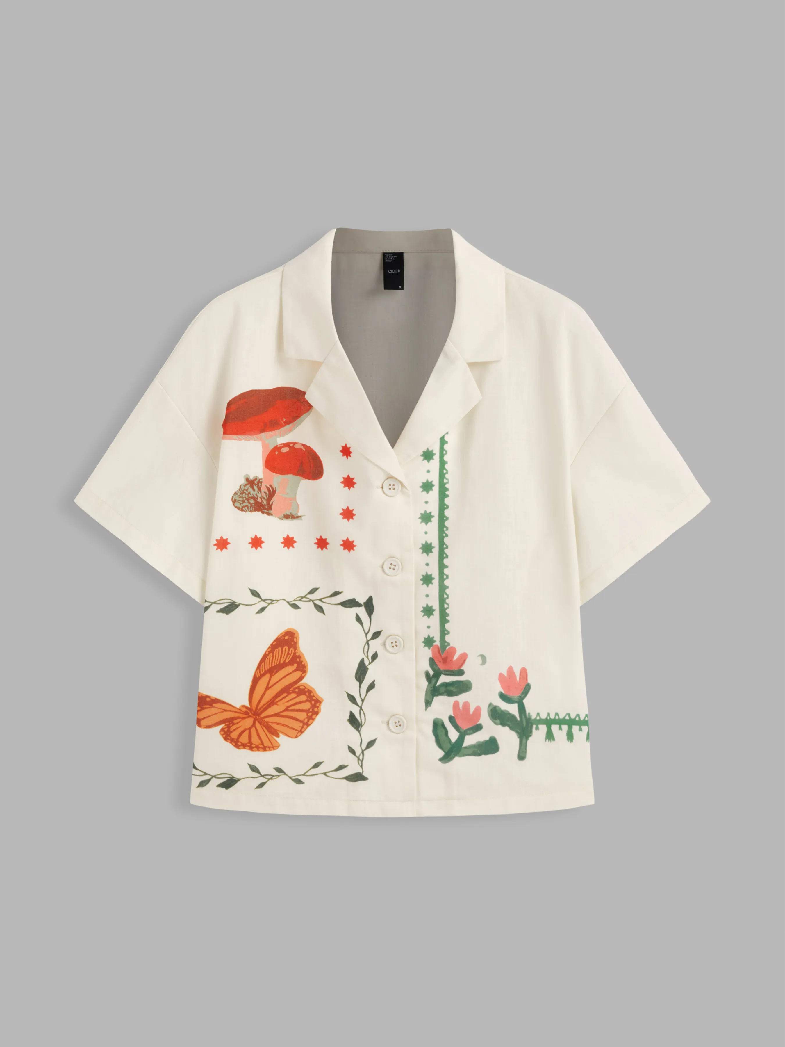 Chemise à manches courtes avec graphiques de col, fleurs, champignons & papillons