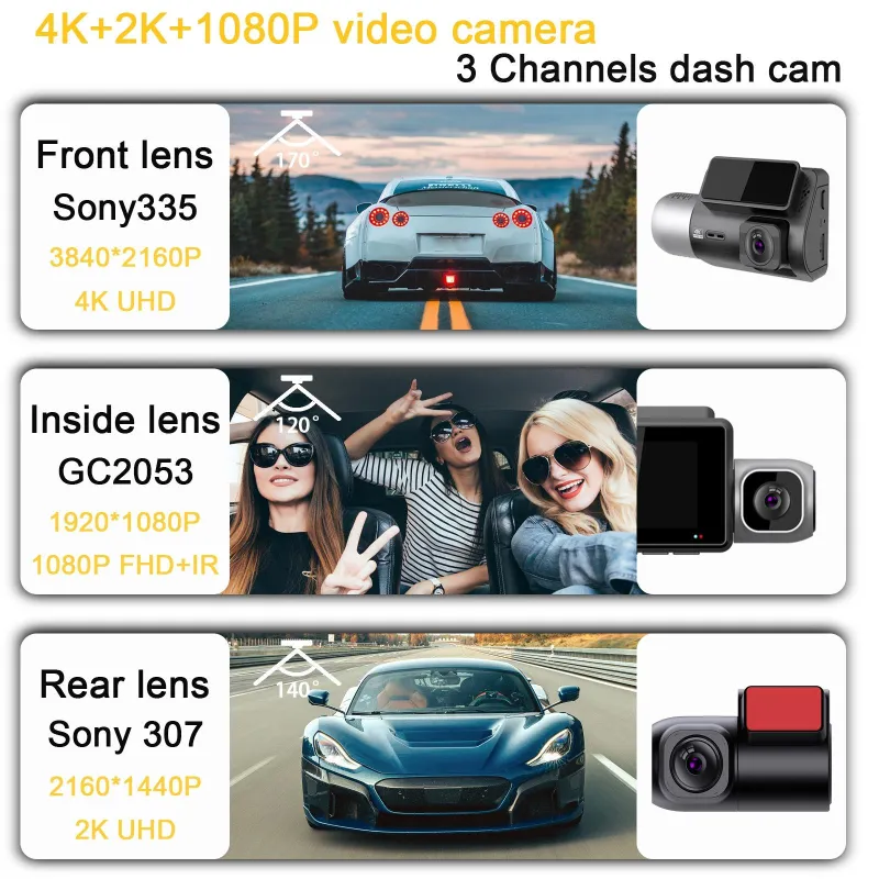 Dashcam 4K UHD 3 Canaux GPS WIFI Écran 2 Pouces