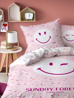 Parure de lit imprimée 100% coton, SMILEY SUNDAY - Rose