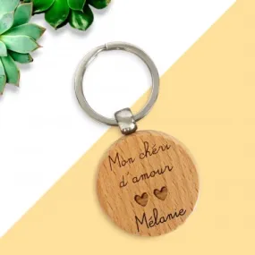 Porte-clés rond en bois personnalisé - Modèle Amour