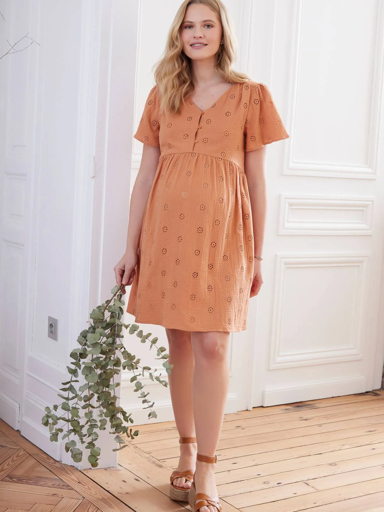 Robe gaze de coton brodé grossesse et allaitement terracotta - Vertbaudet