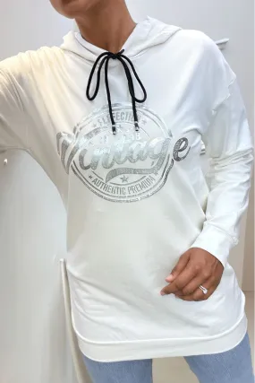 Sweat à capuche blanc avec écriture VINTAGE à l'avant